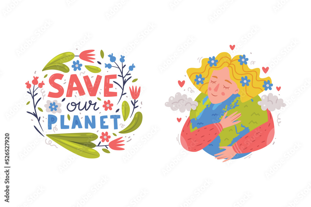 Fototapeta premium Care About Planet with Woman Embracing Green Globe and Floral Lettering as Ecology and Environment Protection Vector Sticker Set