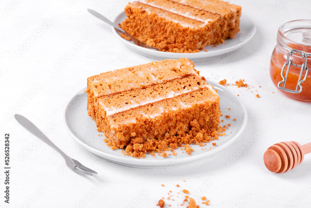 Piece of honey cake, Medovik, with sour cream on the ceramic plate on white table. Russian dessert Piece of honey cake, Medovik, with sour cream on the ceramic plate on white table. Russian dessert