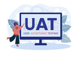 UAT or User Acceptance Testing for testing program in software development life cycle of concept design with illustration design on isolated white background