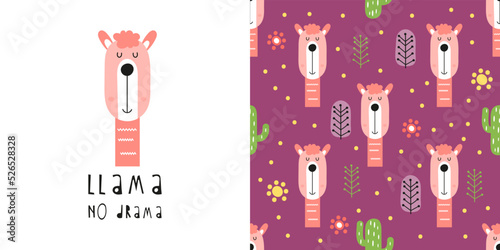 Llama seamless pattern and print with cute llama and cactus. Greeting card and wrapping paper set. T-shirt print and kids fabric design. Vector illustration