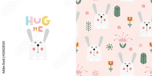Cute animals seamless pattern and print with funny bunny. Greeting card and wrapping paper set. T-shirt print and kids fabric design. Vector illustration