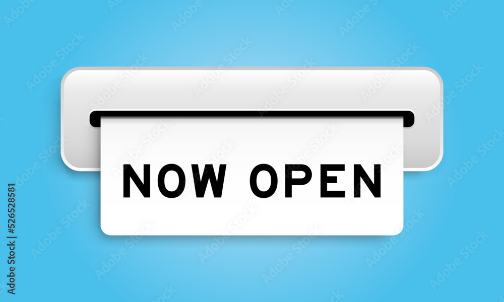 White coupon banner with word now open from machine on blue color background