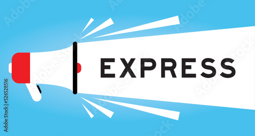 Color megphone icon with word express in white banner on blue background