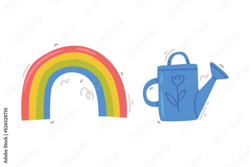 Rainbow and Blue Watering Can as Planet and Nature Conservation Attribute Vector Set Rainbow and Blue Watering Can as Planet and Nature Conservation Attribute Vector Set