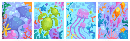 Set of vector cute illustrations underwater world. Drawn electric rays, turtles, jellyfish and fish for covers, children's books, posters and notebooks