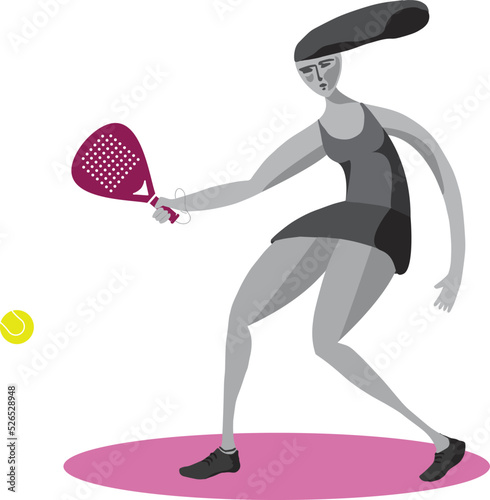illustration of a girl playing padel with sport suit, kilt, tank top, shoes and paddle tennis racket with yellow tennis ball