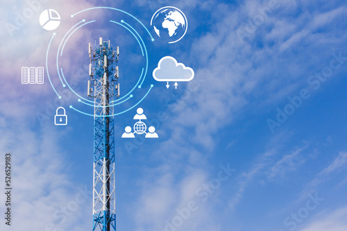 Telecommunication tower for 4 G  and 5 G cellular. Wireless communication  antenna base transciever station with radio antennas isolated on blue sky background.