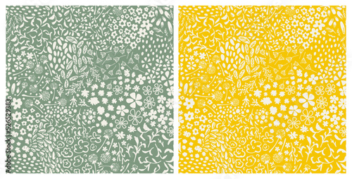 Set of botanical seamless repeat pattern. Random placed, vector plants, dandelions, leaves, flowers, herbs all over surface print bundle.