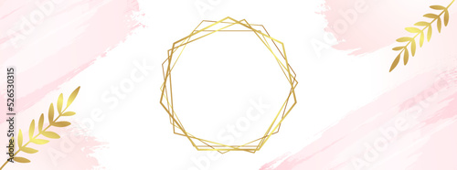 Luxury long banner with golden frame, leaves and watercolor spots. Premium vector template for wedding facebook cover or fashion poster