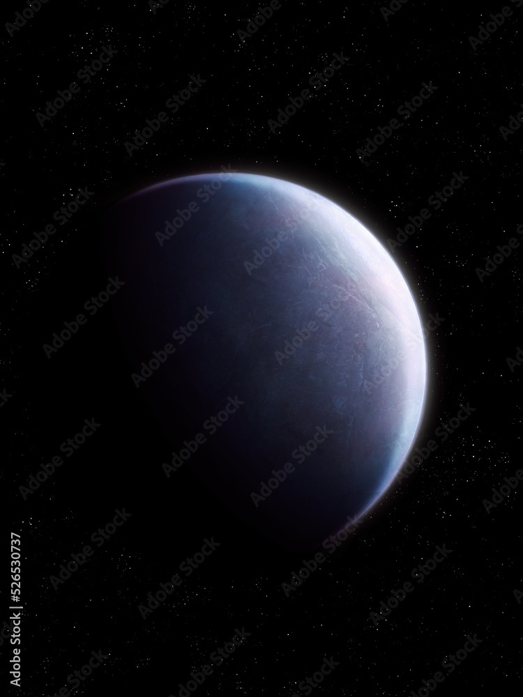Blue Earth-like planet, super-earth in deep space. The exoplanet has a solid surface. Astronomical landscape.