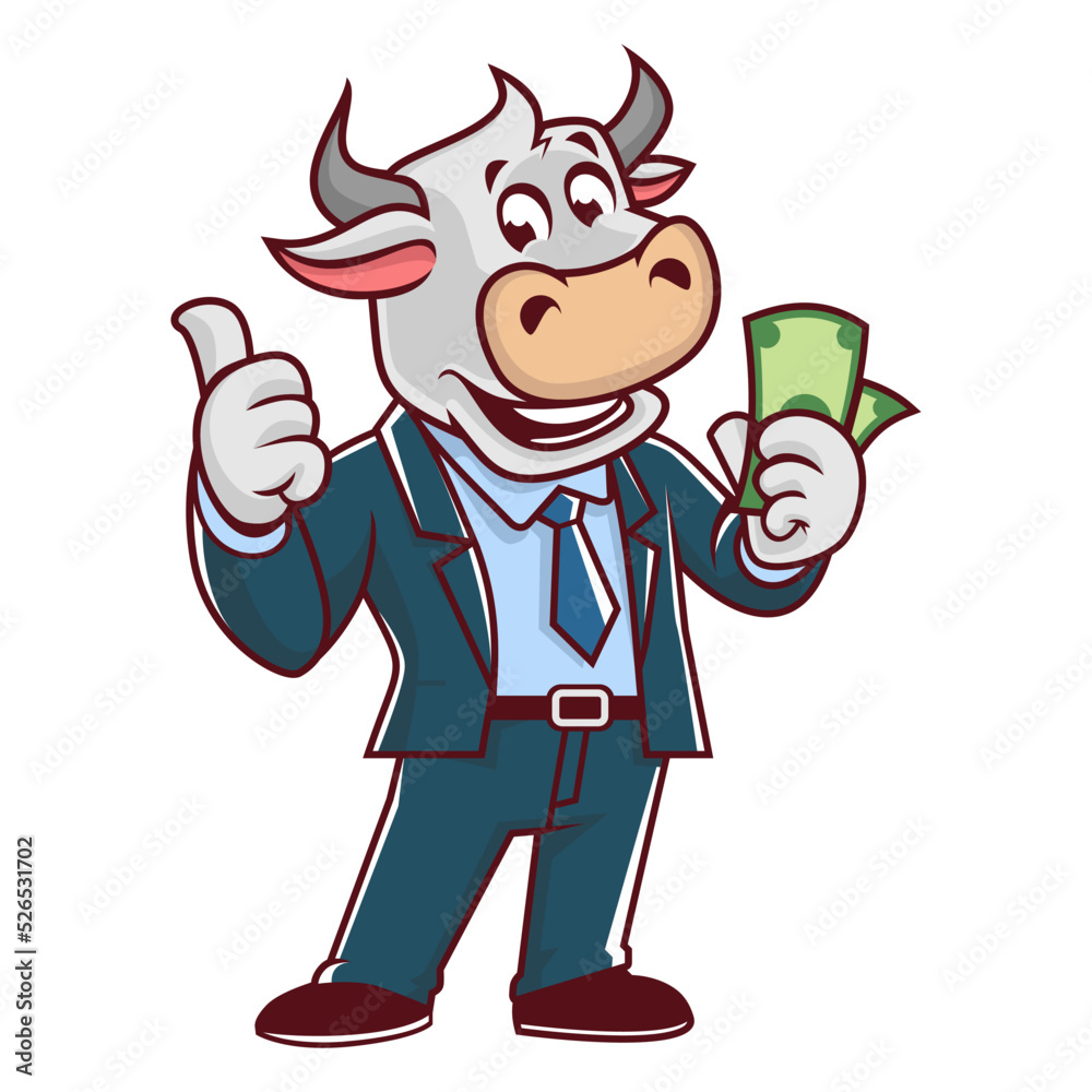 bull mascot giving thumbs up with money in vector bull mascot giving thumbs up with money in vector