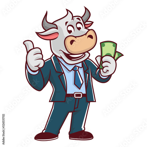 bull mascot giving thumbs up with money in vector 