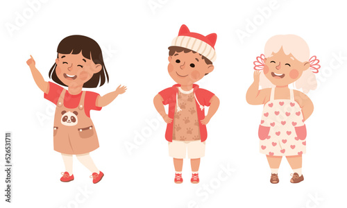 Little Boy and Girl Standing and Talking to Somebody Engaged in Friendly Communication Vector Set © topvectors