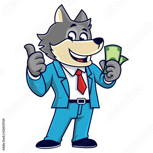 wolf mascot giving thumbs up with money in vector 