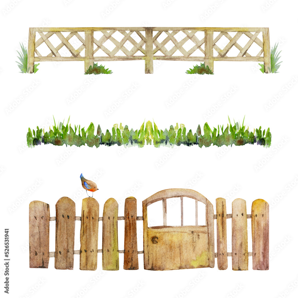 Obraz premium Watercolor hand drawn countryside wooden fence, meadow grass, gate and a bird, isolated on white background. Design template for cards, gift bags, invitations, textile, print, wallpaper, for children
