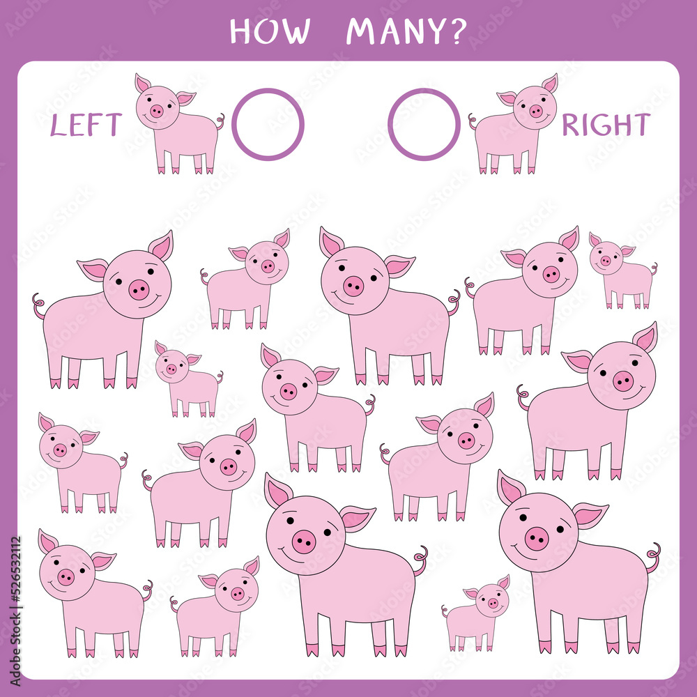 Simple educational game for kids. Count how many pigs goes to the left and to the right and write the result. Vector worksheet Simple educational game for kids. Count how many pigs goes to the left and to the right and write the result. Vector worksheet
