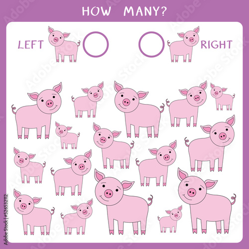 Simple educational game for kids. Count how many pigs goes to the left and to the right and write the result. Vector worksheet
