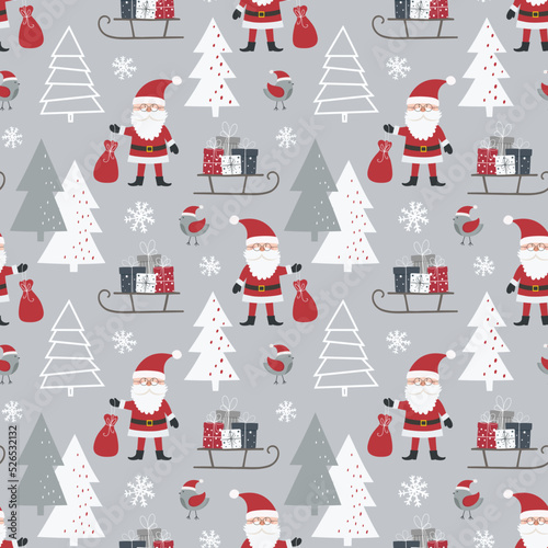 Christmas seamless pattern with Santa Claus, sleigh with gift boxes, birds and christmas tree.Flat style. © Nataliia Pyzhova