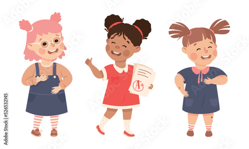 Little Girl Standing and Talking to Somebody Engaged in Friendly Communication Vector Set