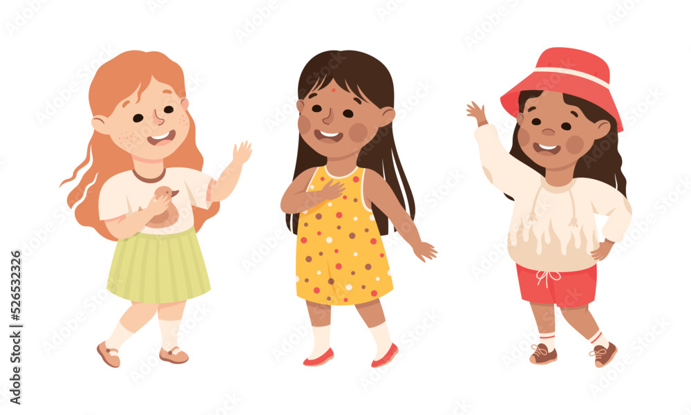 Little Girl Standing and Talking to Somebody Engaged in Friendly Communication Vector Set