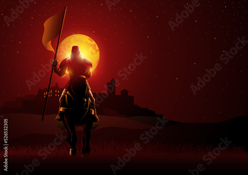 Knight bearing a flag at night during full moon