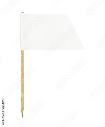 Outset triangle cut-off edge toothpick paper flag with wooden pole isolated on white background with copy space and room for text, white paper flag template cut-out