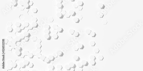 Modern minimal white fading out randomly shifted honeycomb hexagon geometrical pattern background template flat lay top view from above