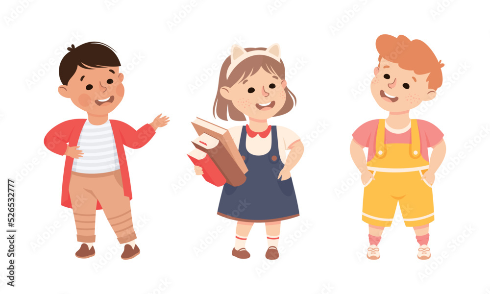 Little Boy and Girl Standing and Talking to Somebody Engaged in Friendly Communication Vector Set Little Boy and Girl Standing and Talking to Somebody Engaged in Friendly Communication Vector Set