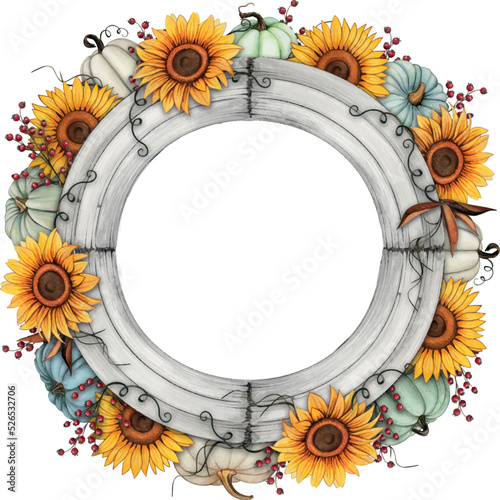 Watercolor rustic sunflower and pumpkins frame