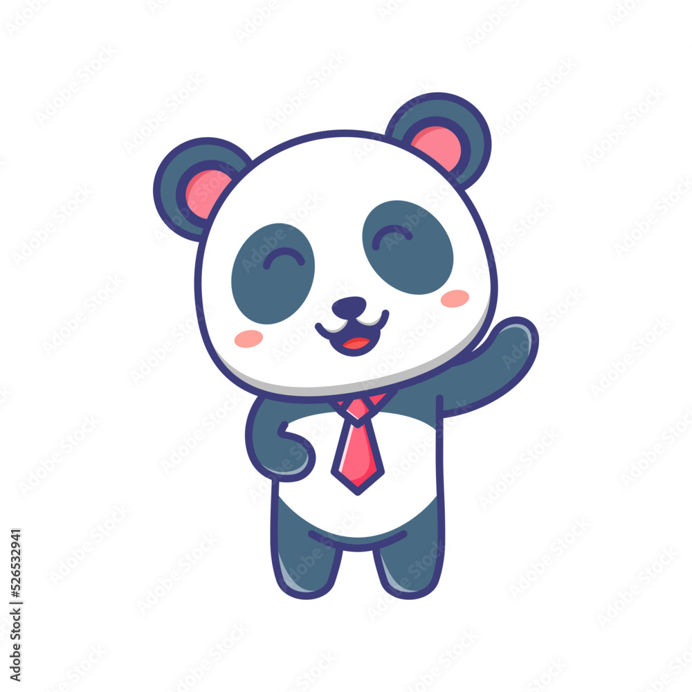 Cute baby panda wearing a tie and waving hand cartoon illustration. Panda cartoon flat design isolated. For sticker, banner, poster, packaging, children book cover. Cute baby panda wearing a tie and waving hand cartoon illustration. Panda cartoon flat design isolated. For sticker, banner, poster, packaging, children book cover.