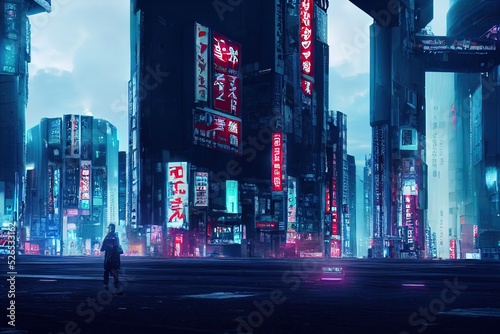 Man walking in a cyberpunk city. Digital painting of a lonely futurstic environment. Huge building  neon lighting.