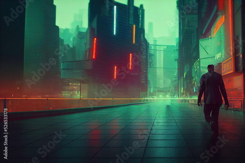 Man walking in a cyberpunk city. Digital painting of a lonely futurstic environment. Huge building, neon lighting.