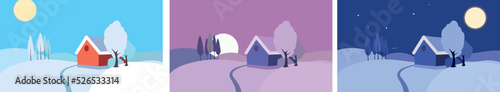 Winter landscape house on the background of nature. Vector illustration of winter outside the city. Winter snowy day at different times of the day. Winter morning, evening and night