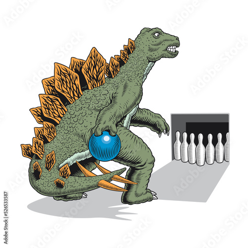 Dinosaur playing bowling. Stegosaurus holding bowling ball. Poster or print of kegling competition or tournament. Comic style vector illustration.