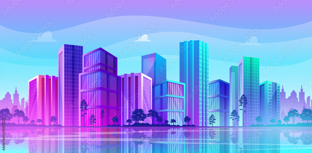 Modern city panorama with Reflections in water, bright colorful downtown buildings, office, apartment or school vector illustrations