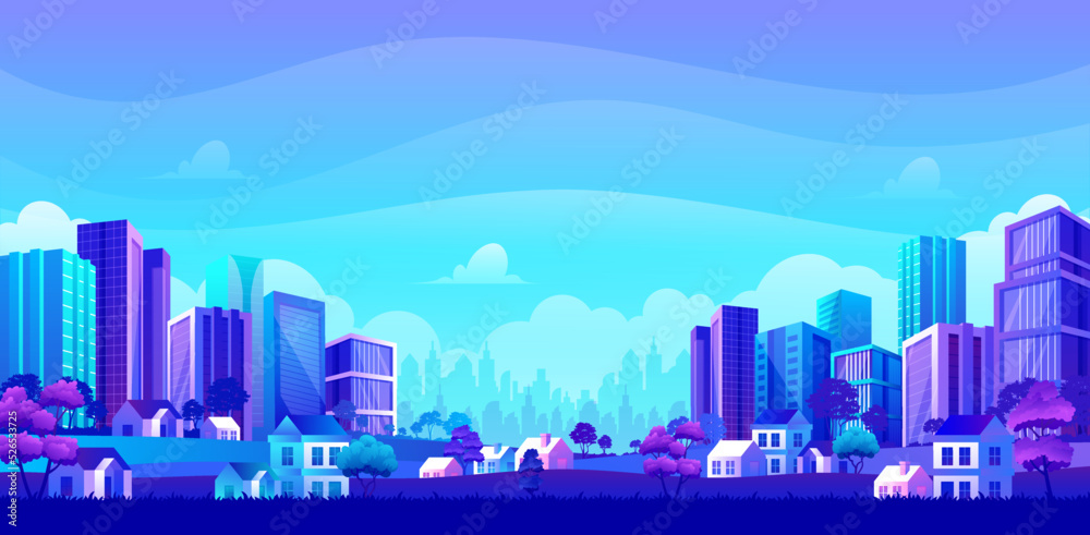Urban landscape with modern downtown and small private residential house, Beautiful blue and purple cityscape vector illustration 