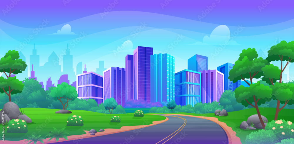 Fototapeta premium Road to city with colorful skyscrapers and beautiful summer landscape, green hill, bush and trees cartoon illustration