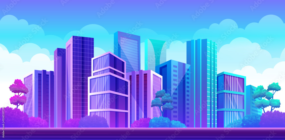 Modern city panorama with bright colorful downtown buildings, office, apartment or school buildings vector illustrations for urban landscape