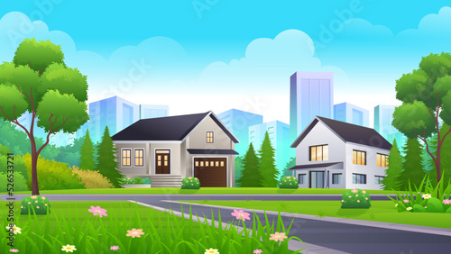 Beautiful residential houses with Street, green lawn, bush and trees vector illustration