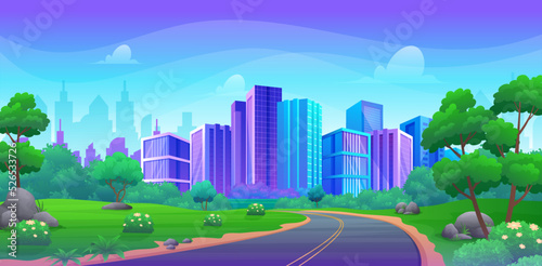 Road to city with colorful skyscrapers and beautiful summer landscape, green hill, bush and trees cartoon illustration