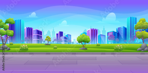 Beautiful city park or urban garden with colorful skyscrapers and beautiful summer landscape, green hill, bush and trees cartoon illustration