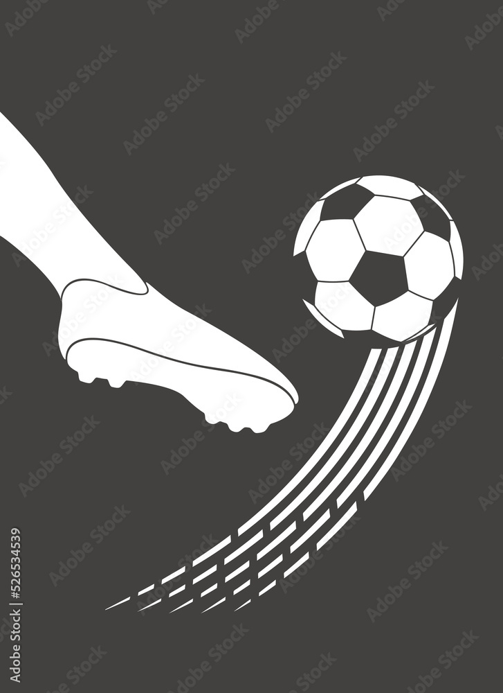 Football, footballer's leg, sports cleats, ball kick. Vector drawing of