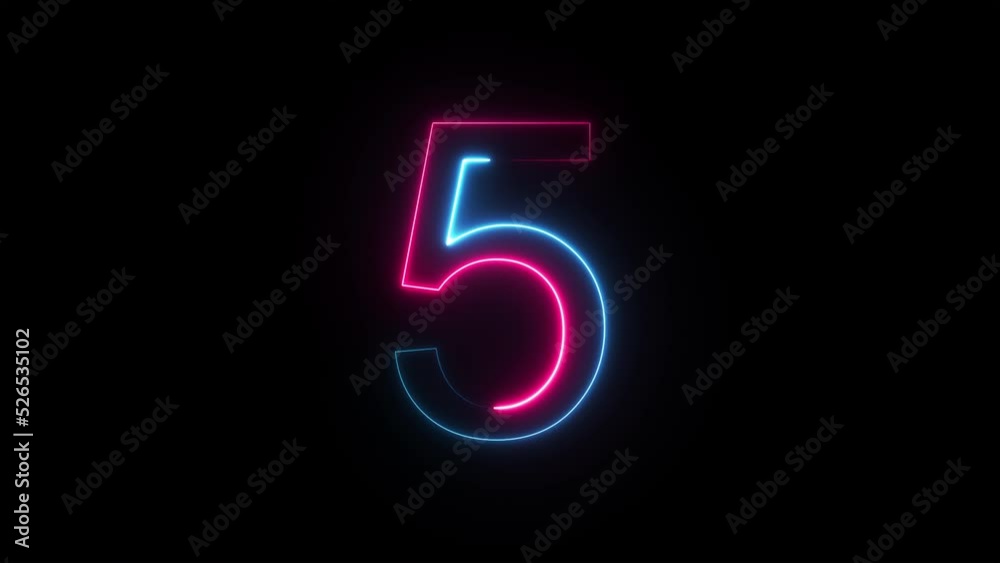 Bright neon glowing number 5, light pink blue color symbol, seamless loop animation on black background Bright neon glowing number 5, light pink blue color symbol, seamless loop animation on black background