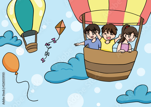 children vector illustration with three little children in a air balloon