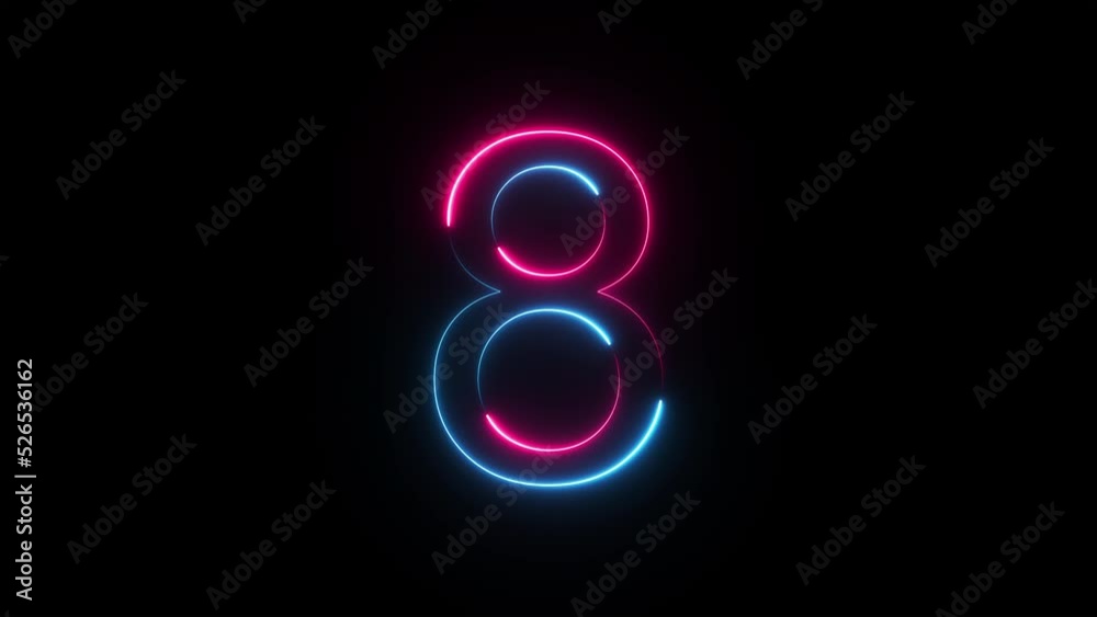 Bright neon glowing number 8, light pink blue color symbol, seamless loop animation on black background Bright neon glowing number 8, light pink blue color symbol, seamless loop animation on black background
