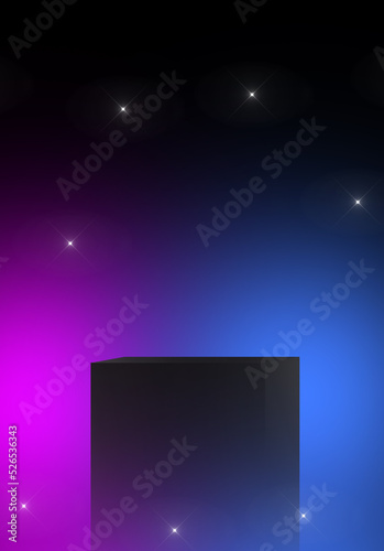 Black product background stand or podium pedestal on empty display with glowing light pink blue backdrops