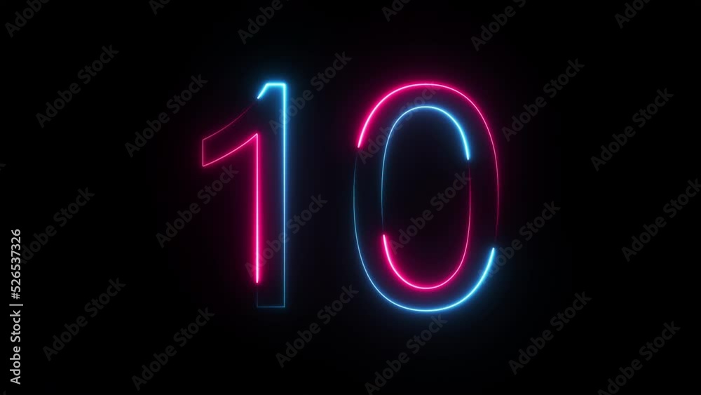 Bright neon glowing number 10, light pink blue color symbol, seamless loop animation on black background