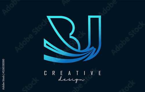Outline blue letters Bj b j logo with leading lines and road concept design. Letters with geometric design.
