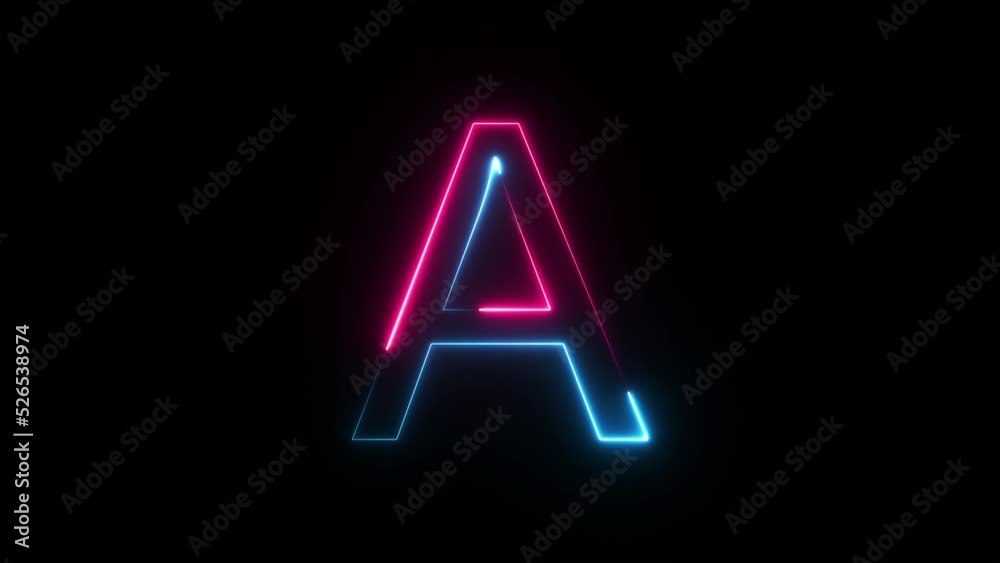Bright neon glowing light blue pink letter A. Seamless looping animation on black background