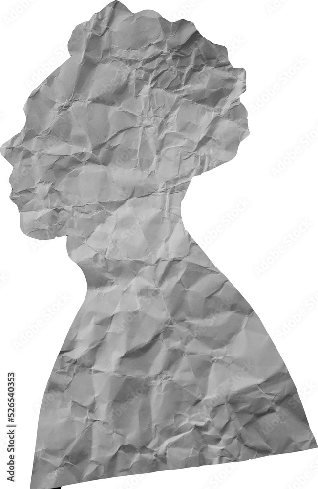 Human head silhouette with transparent background. People portrait with crumpled paper texture. Paper cut people from side angle. Human head silhouette with transparent background. People portrait with crumpled paper texture. Paper cut people from side angle.